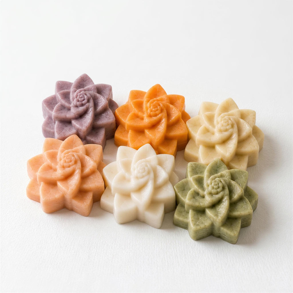 Flower Soap Gift Set of 6, Lavender Orange Rice Persimmon Coconut Green Tea, Guest Bathroom Soaps, Muslin Cloth & Soap Saver