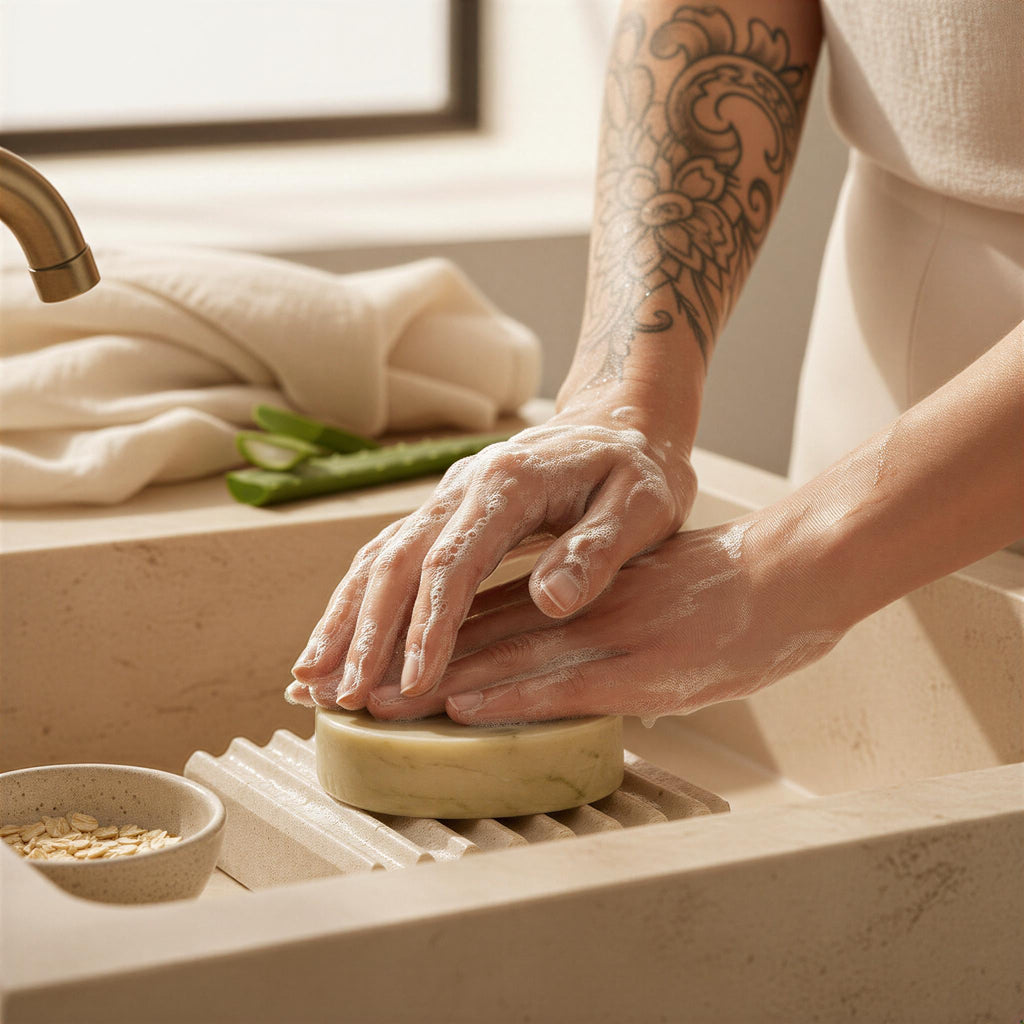 Tattoo Soap, Aftercare Set | Oat Aloe Duo | Fragrance-Free Handmade Ivory Pouch, Sensitive Skin Gift