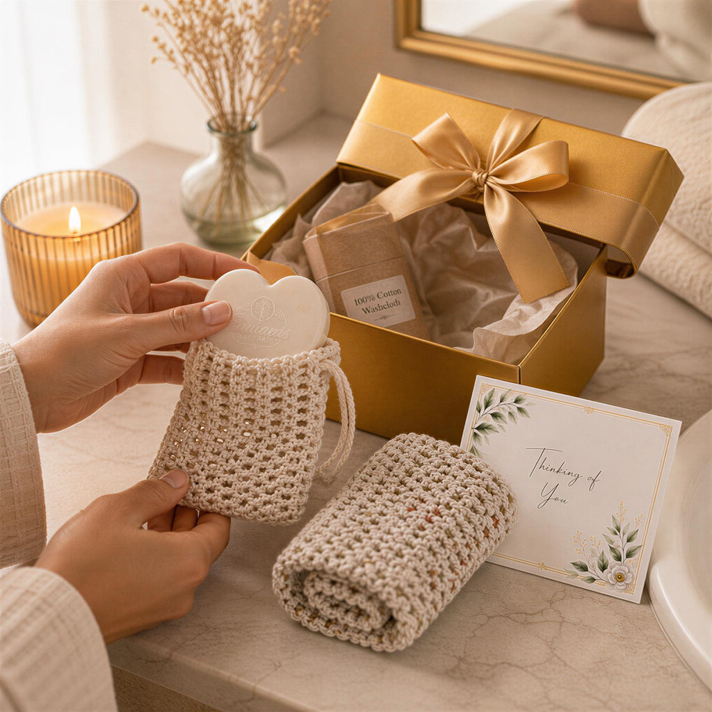 Get Well Gift Set, Detergent-Free Soap, Crochet Washcloth, Soap Saver Bag, Personalized Card Ready Wrap