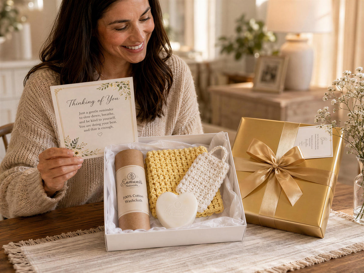Get Well Gift Set, Detergent-Free Soap, Crochet Washcloth, Soap Saver Bag, Personalized Card Ready Wrap