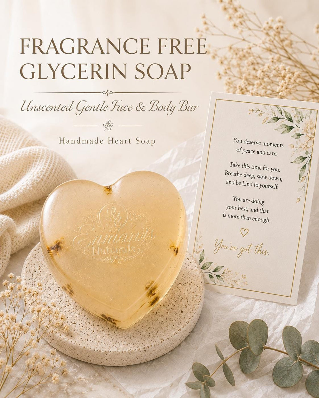 Fragrance-Free Glycerin Heart Soap, Unscented Gentle Cleanser for Sensitive Skin