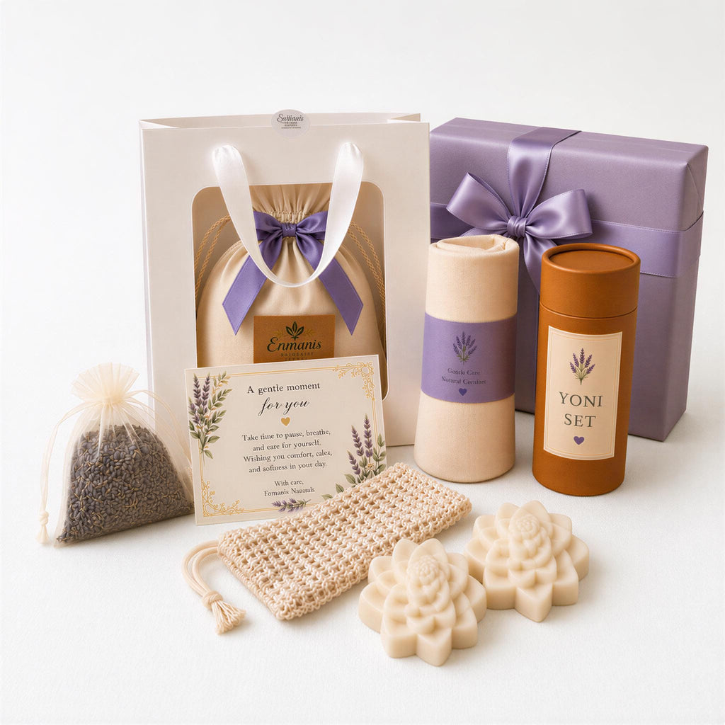 Yoni Care Gift Set, 3 Feminine Cleansing Bars, Muslin Cloth, Soap Saver, Lavender Sachet, Self Care Gift for Her