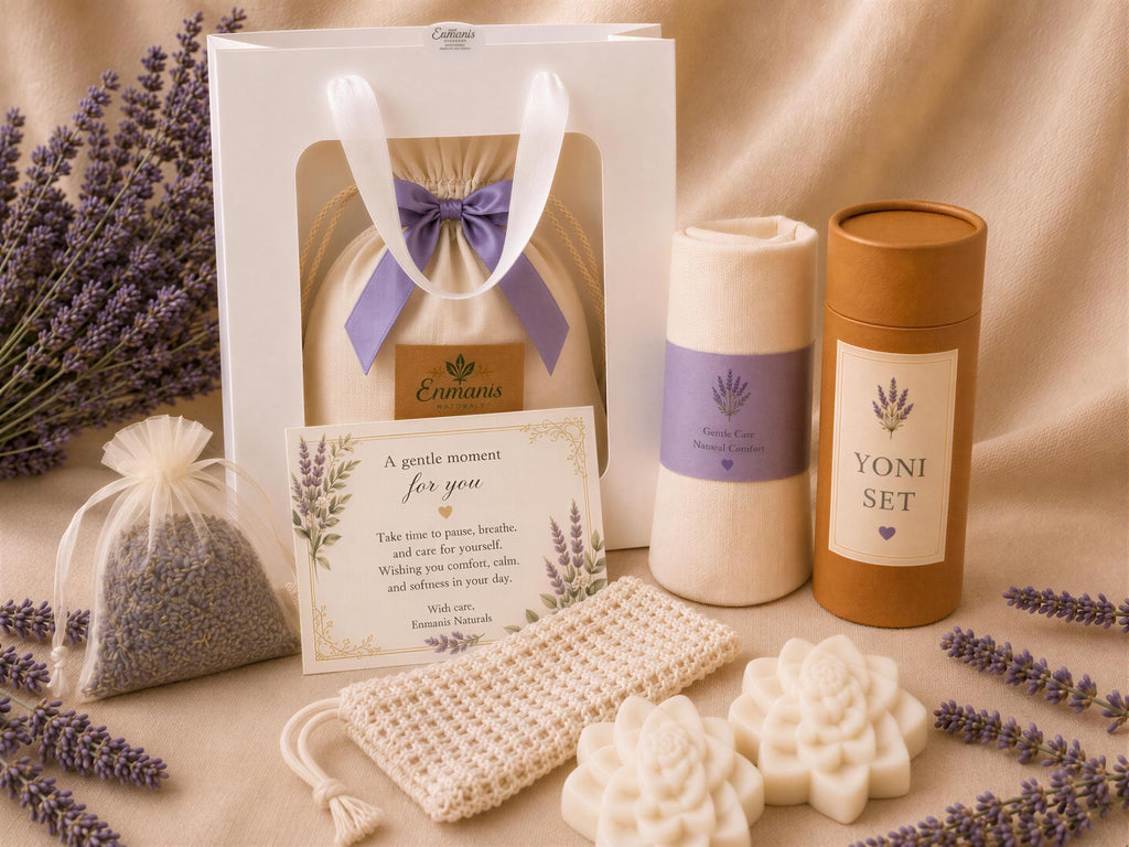 Yoni Care Gift Set, 3 Feminine Cleansing Bars, Muslin Cloth, Soap Saver, Lavender Sachet, Self Care Gift for Her
