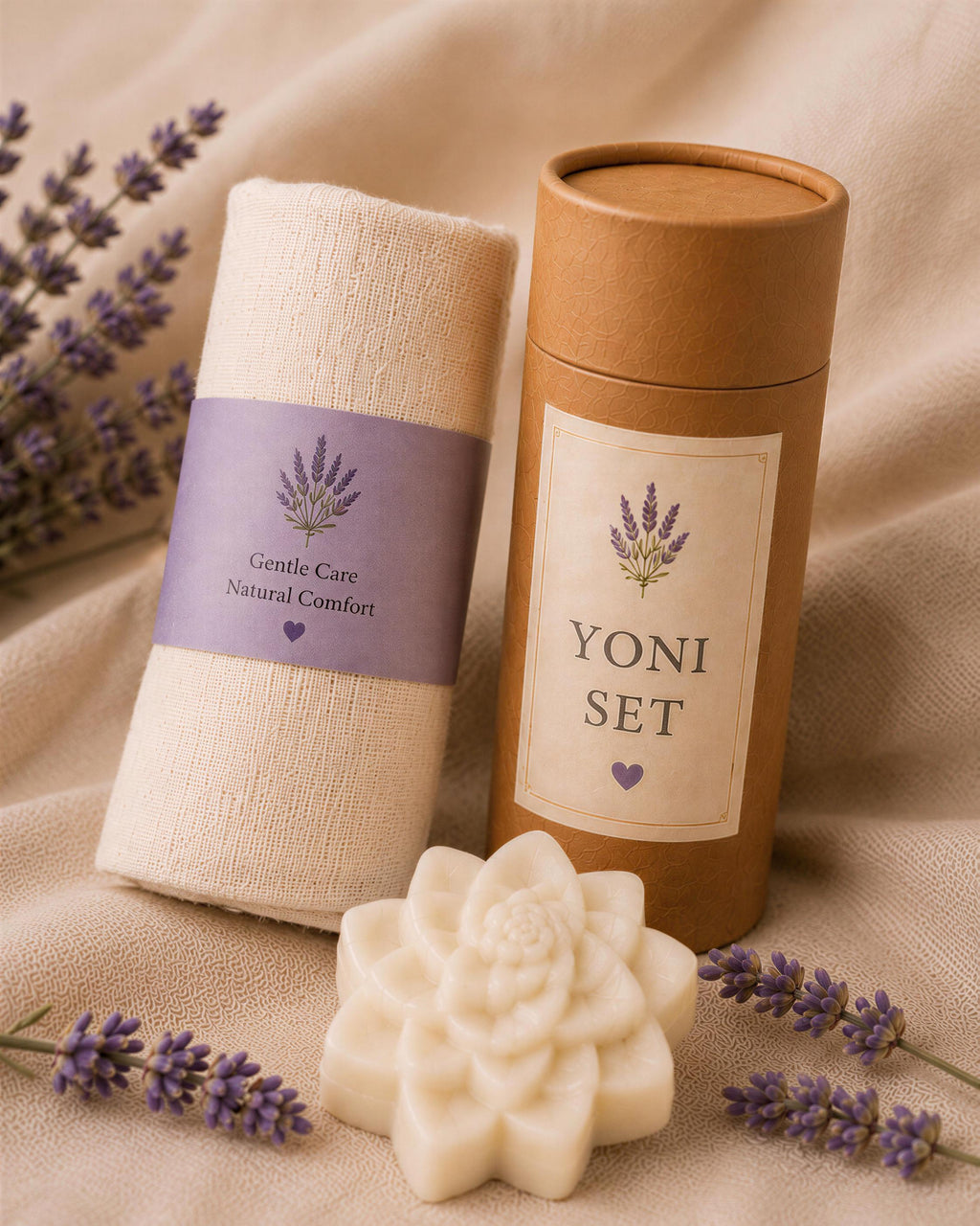 Yoni Care Gift Set, 3 Feminine Cleansing Bars, Muslin Cloth, Soap Saver, Lavender Sachet, Self Care Gift for Her