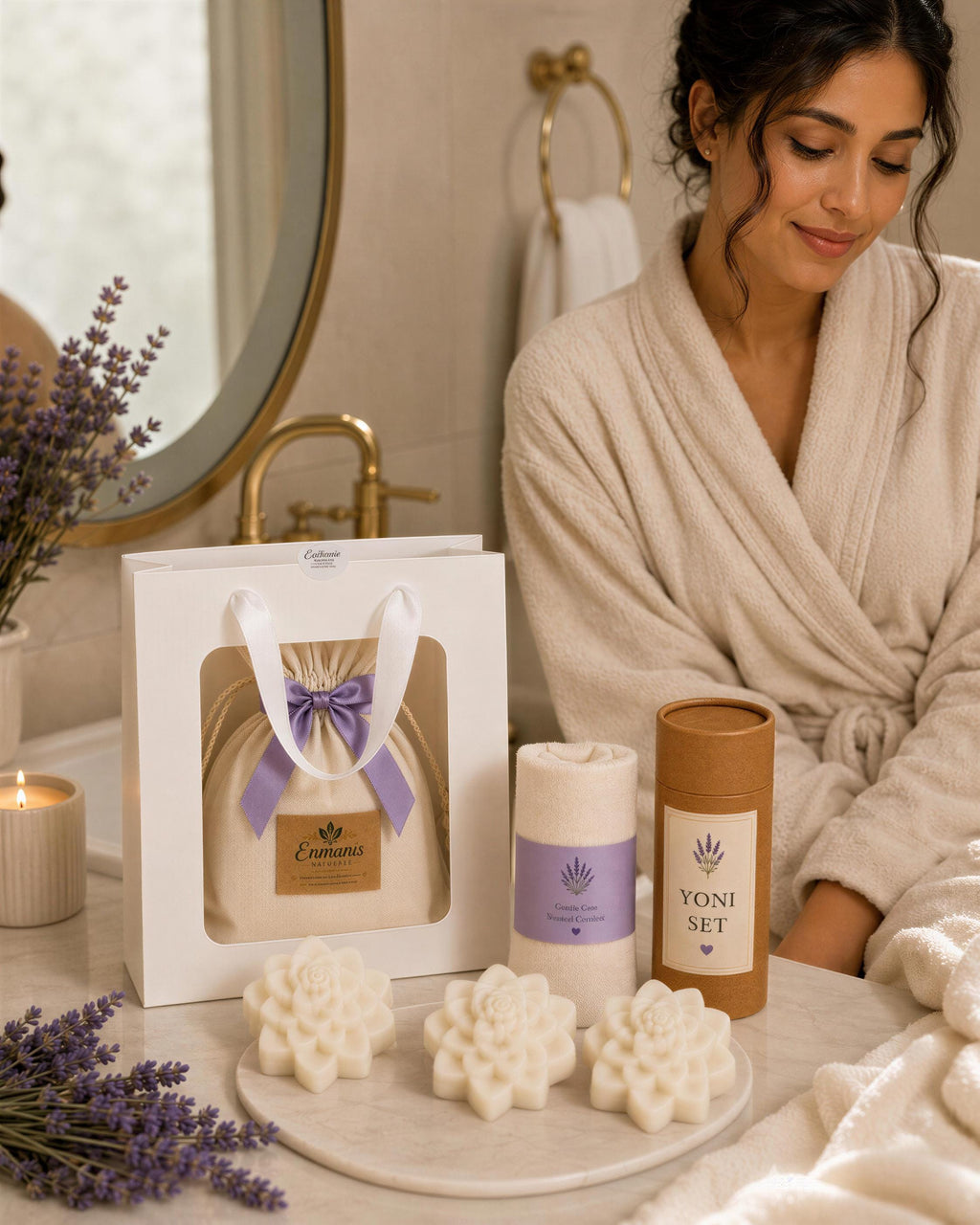 Yoni Care Gift Set, 3 Feminine Cleansing Bars, Muslin Cloth, Soap Saver, Lavender Sachet, Self Care Gift for Her