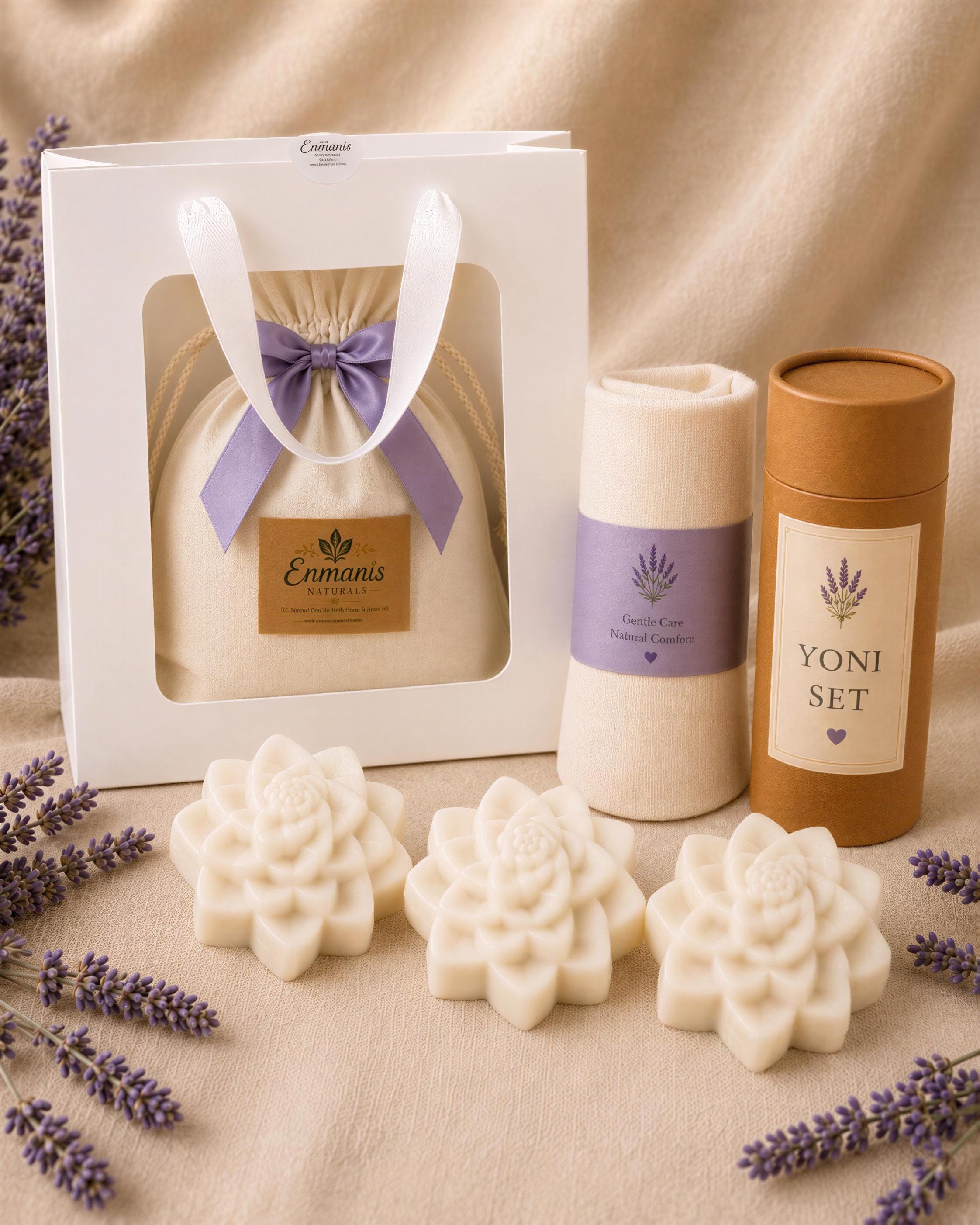 Yoni Care Gift Set, 3 Feminine Cleansing Bars, Muslin Cloth, Soap Saver, Lavender Sachet, Self Care Gift for Her