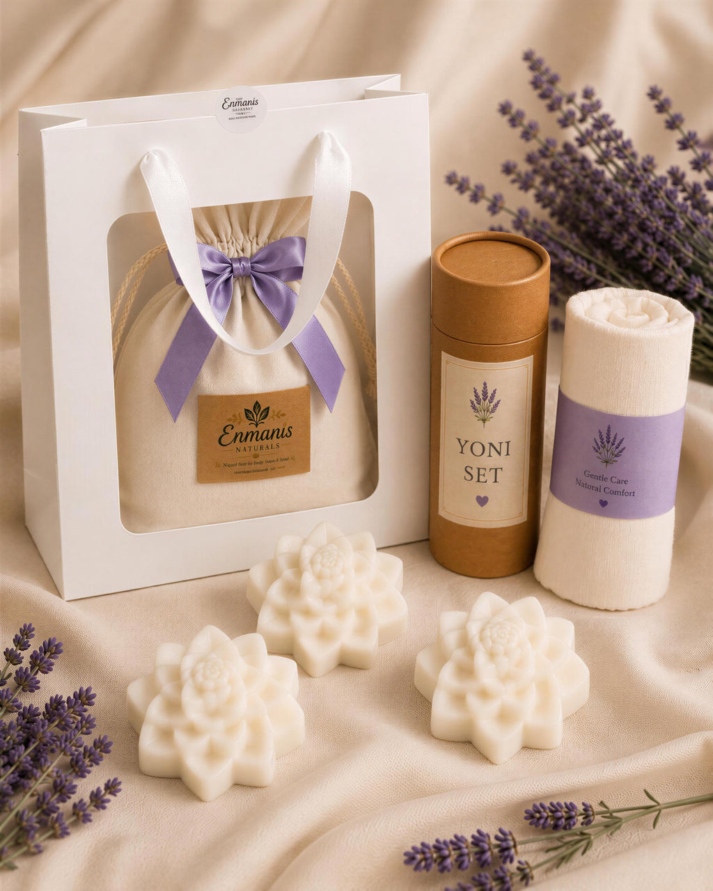 Yoni Care Gift Set, 3 Feminine Cleansing Bars, Muslin Cloth, Soap Saver, Lavender Sachet, Self Care Gift for Her