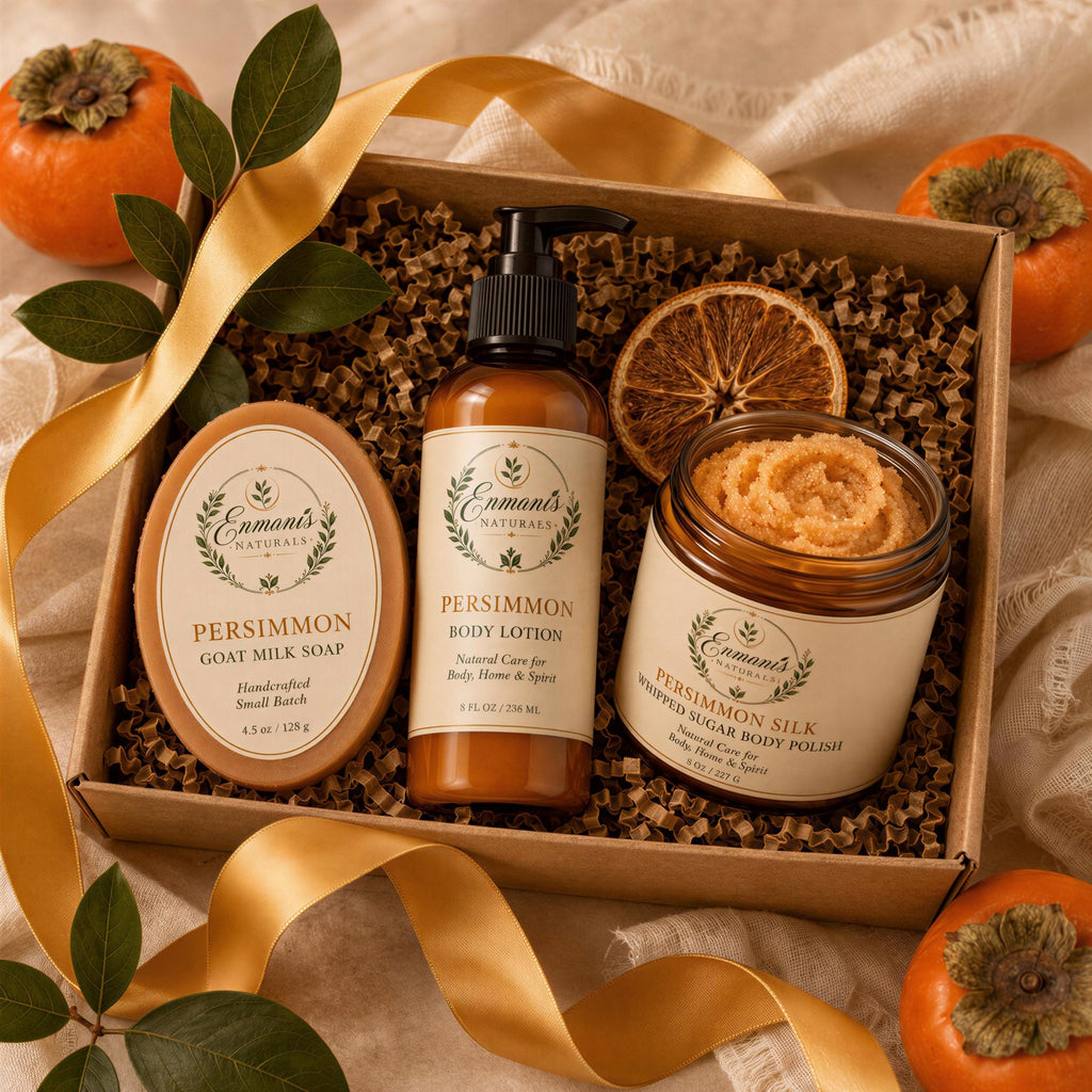 Persimmon Silk Body Ritual Set, Goat Milk Soap, Sugar Scrub, Body Cream