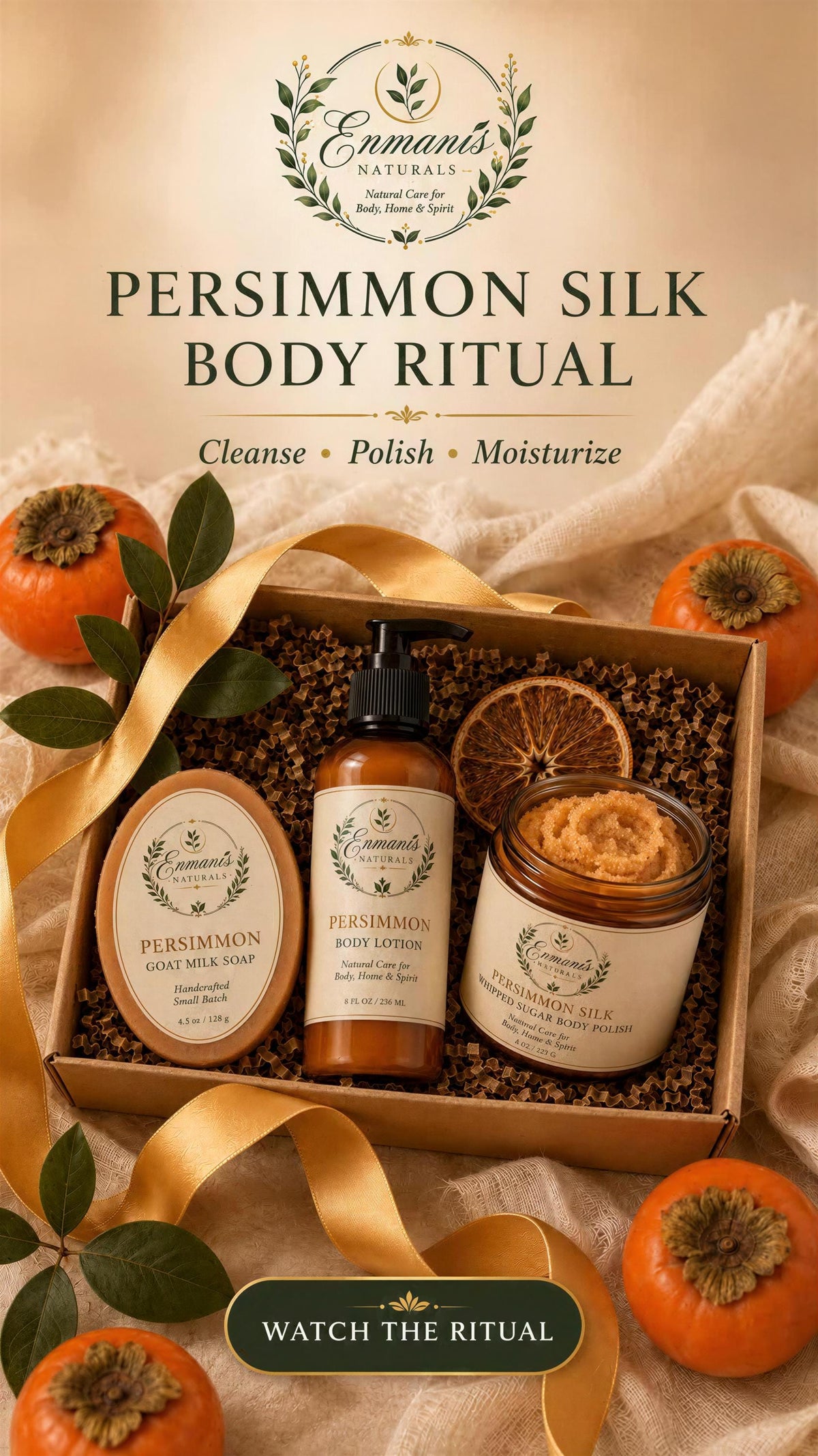 Persimmon Silk Body Ritual Set, Goat Milk Soap, Sugar Scrub, Body Cream