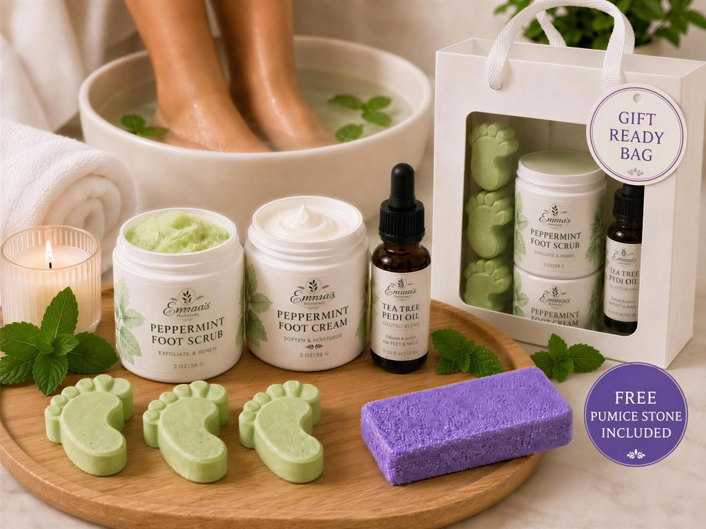 Eucalyptus Peppermint Foot Spa Kit – Organic Scrub, Cream, Oil, Pumice Stone (Gabardine Bag)