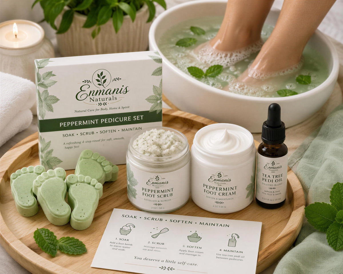 Eucalyptus Peppermint Foot Spa Kit – Organic Scrub, Cream, Oil, Pumice Stone (Gabardine Bag)
