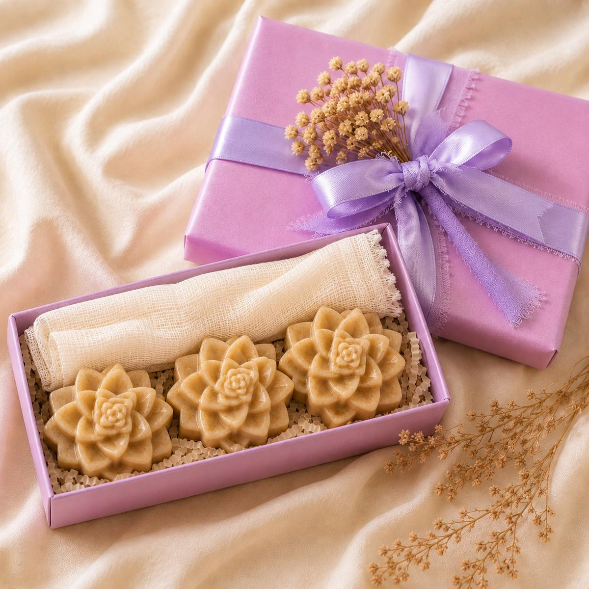 Persimmon Goat Milk Soap Set – Succulent Blossom Artisan Bars, Muslin Cloth (Gift Box)