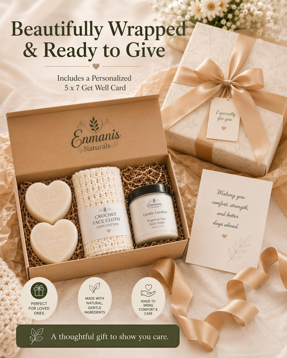 Fragrance-Free Soap & Body Cream Care Package, Crochet Washcloth, Personalized Card (Gift Ready)