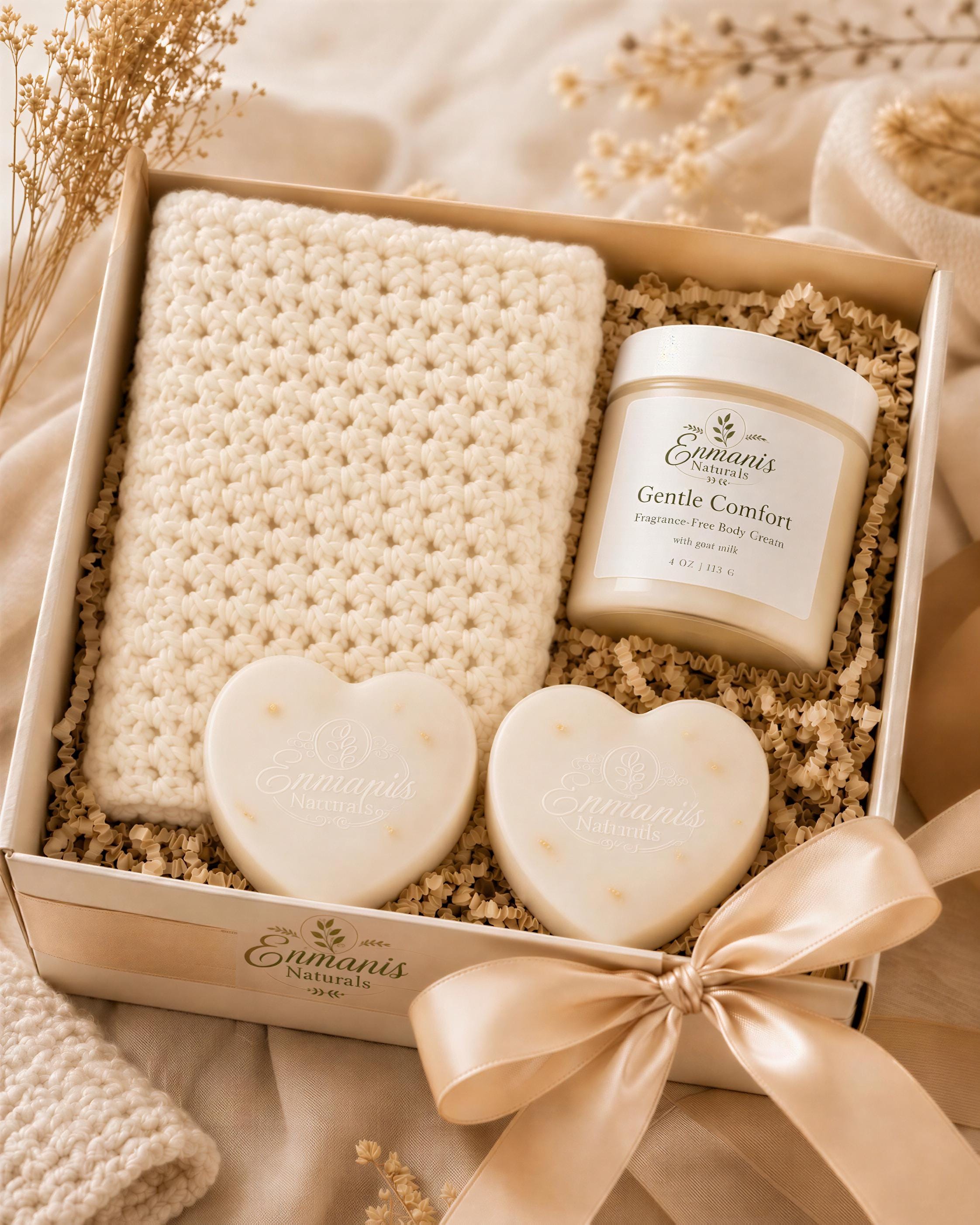 Fragrance-Free Soap & Body Cream Care Package, Crochet Washcloth, Personalized Card (Gift Ready)