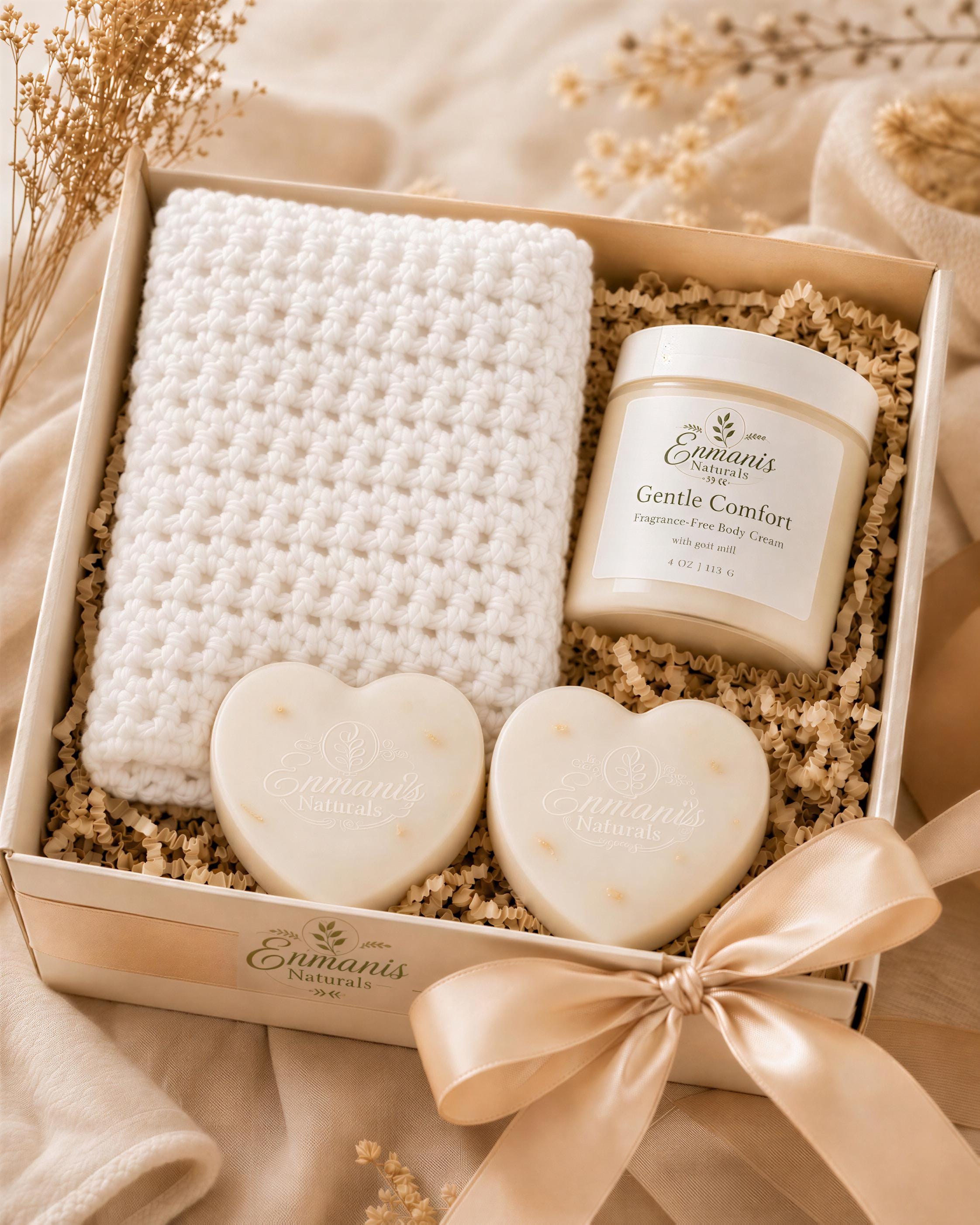 Fragrance-Free Soap & Body Cream Care Package, Crochet Washcloth, Personalized Card (Gift Ready)