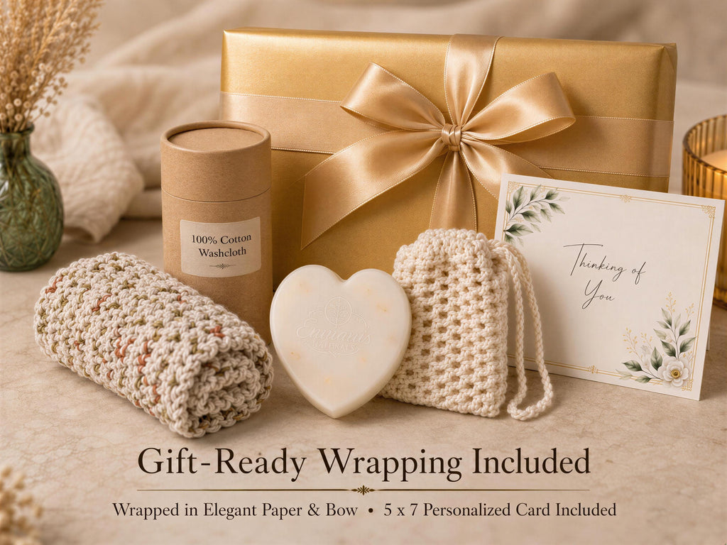 Get Well Gift Set, Detergent-Free Soap, Crochet Washcloth, Soap Saver Bag, Personalized Card Ready Wrap