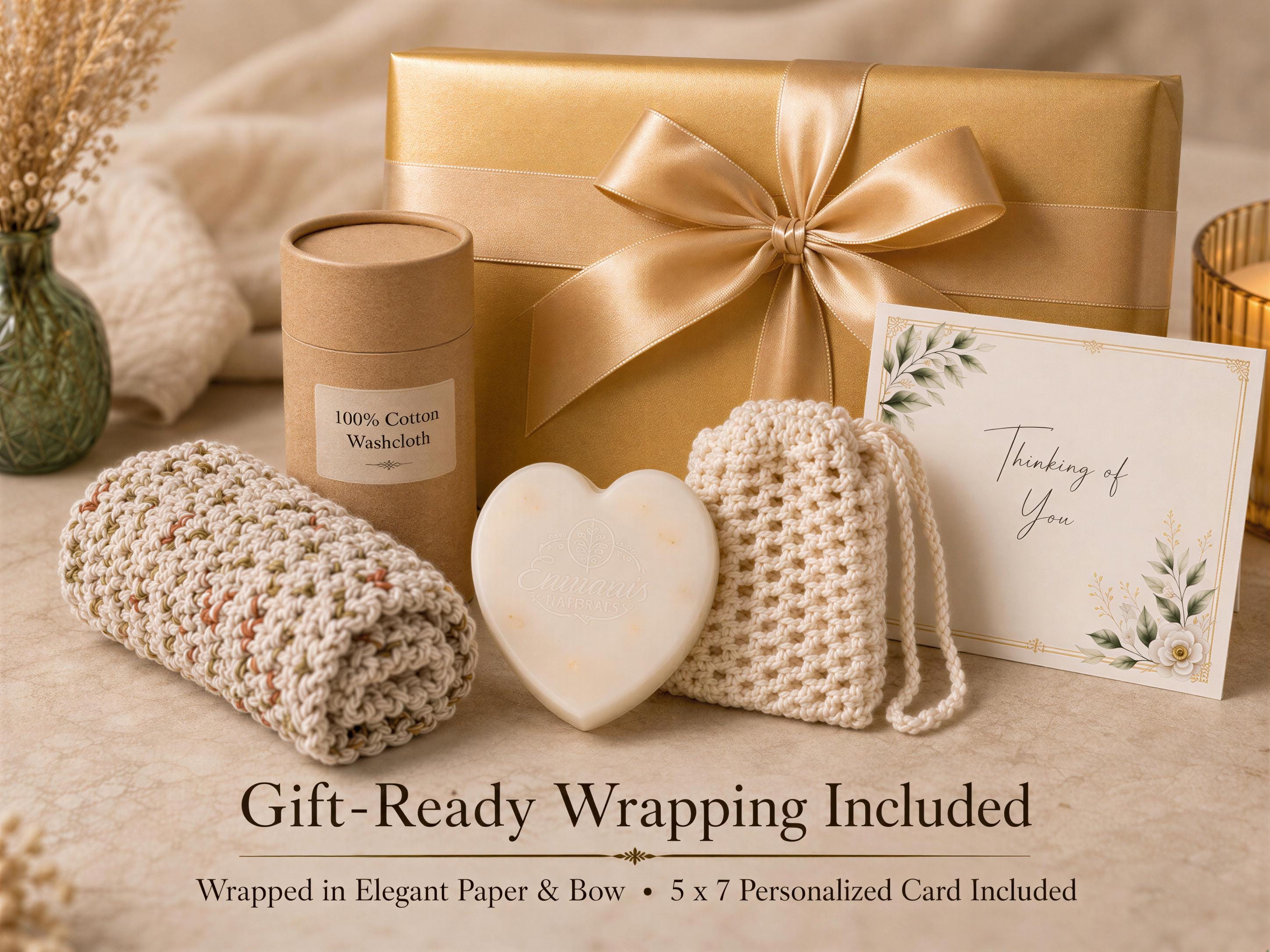 Get Well Gift Set, Detergent-Free Soap, Crochet Washcloth, Soap Saver Bag, Personalized Card Ready Wrap