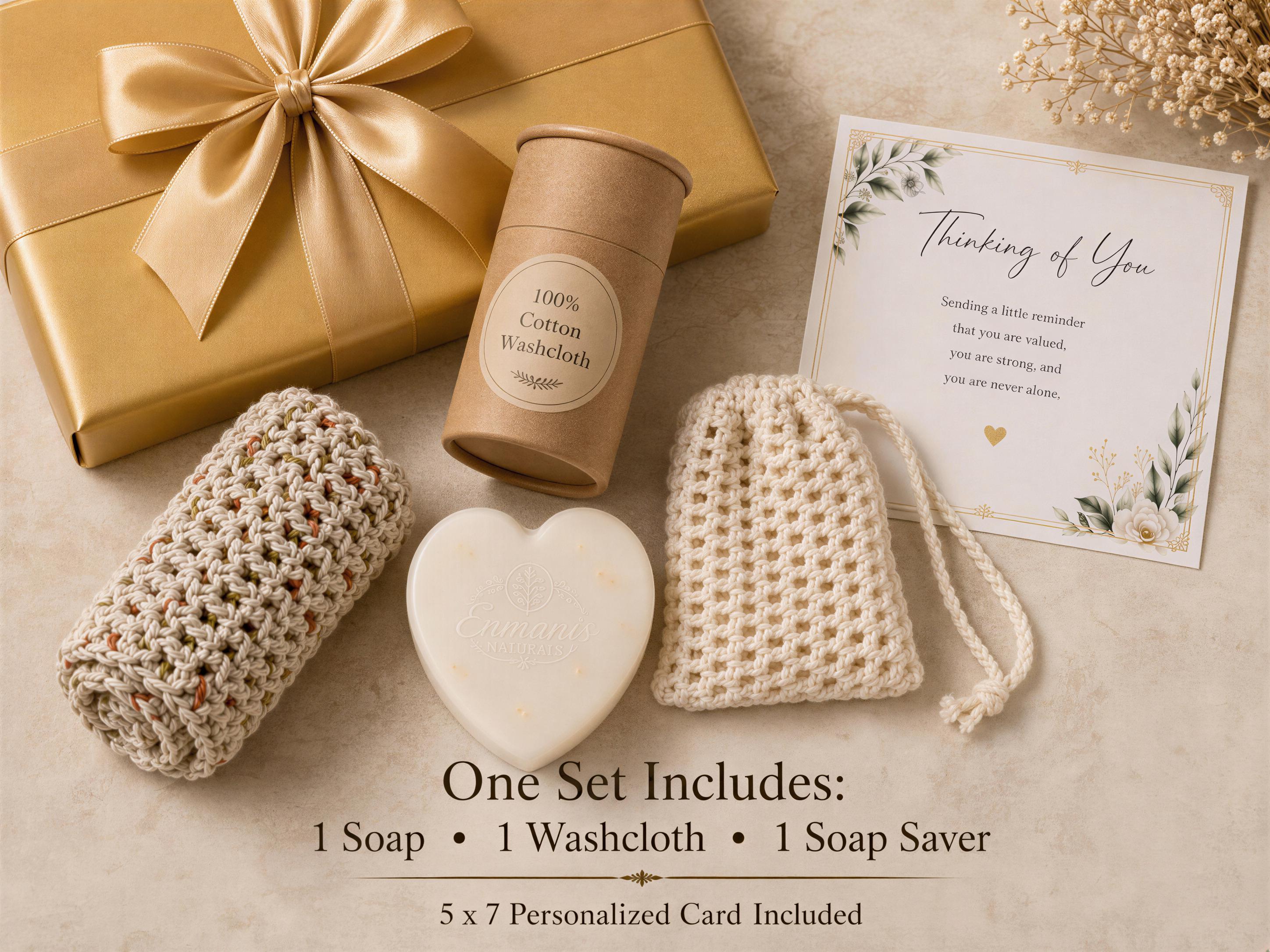 Get Well Gift Set, Detergent-Free Soap, Crochet Washcloth, Soap Saver Bag, Personalized Card Ready Wrap
