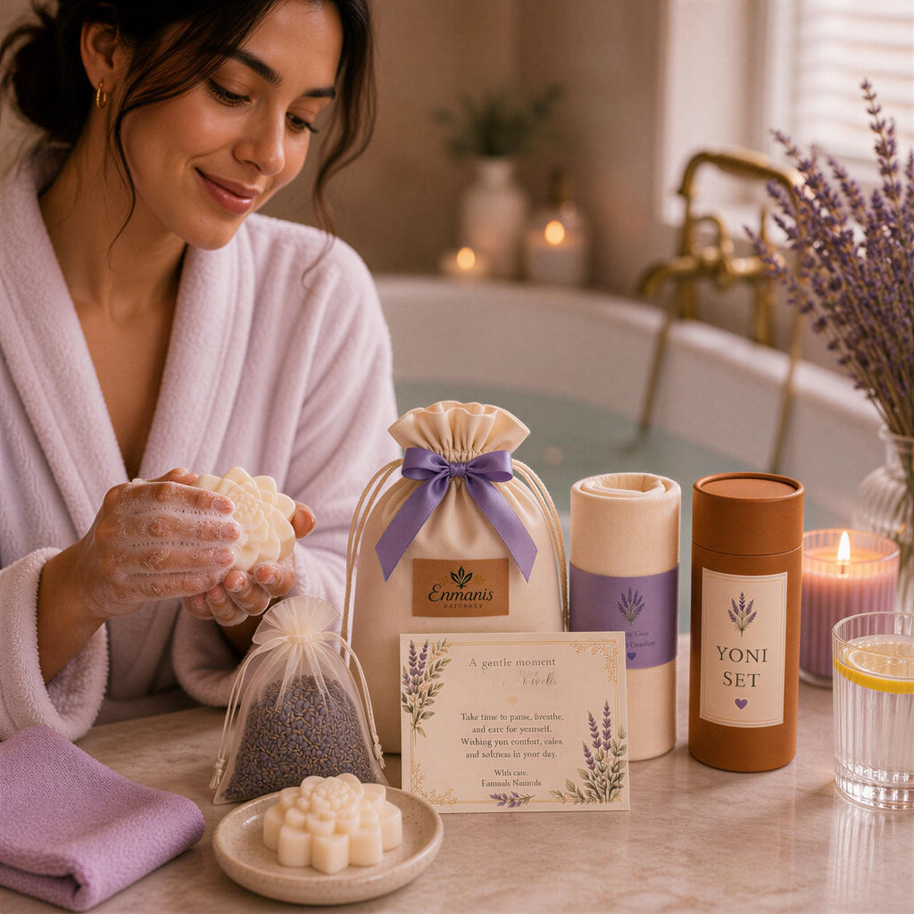 Yoni Care Gift Set, 3 Feminine Cleansing Bars, Muslin Cloth, Soap Saver, Lavender Sachet, Self Care Gift for Her