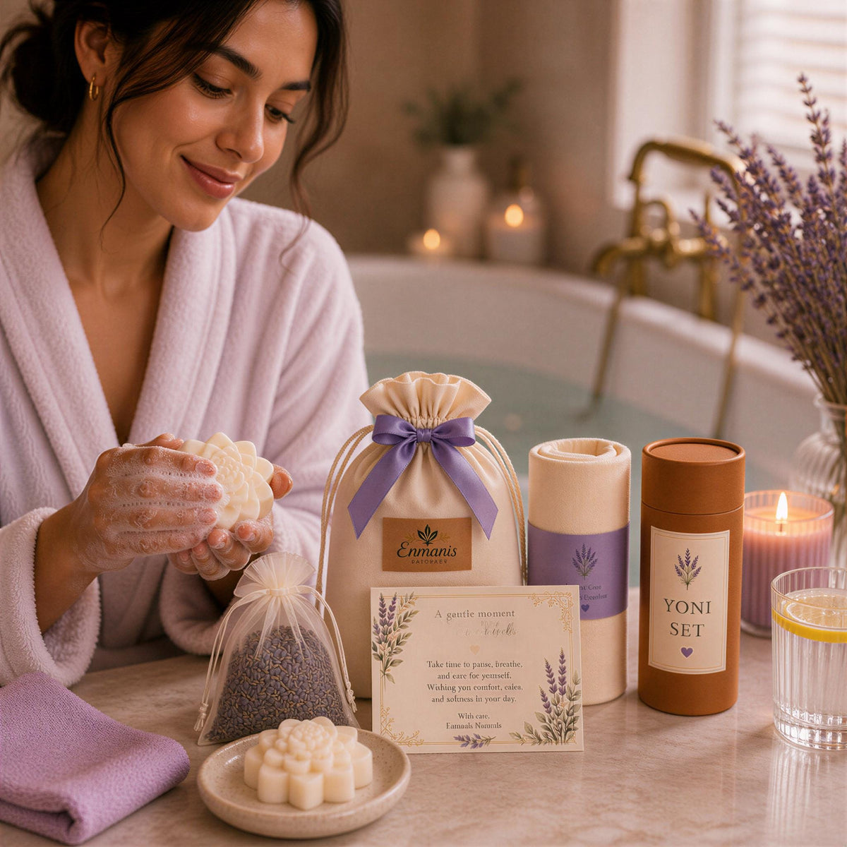 Yoni Care Gift Set, 3 Feminine Cleansing Bars, Muslin Cloth, Soap Saver, Lavender Sachet, Self Care Gift for Her