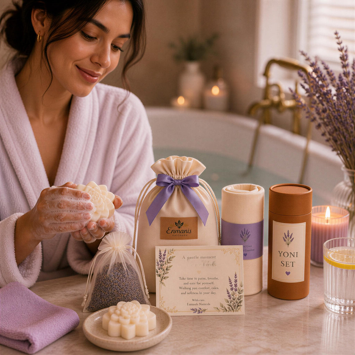 Soap Gift Set | Lavender Botanicals - Three Handmade Bars, Muslin Pouch, Cloth, Sachet, Calming Ritual