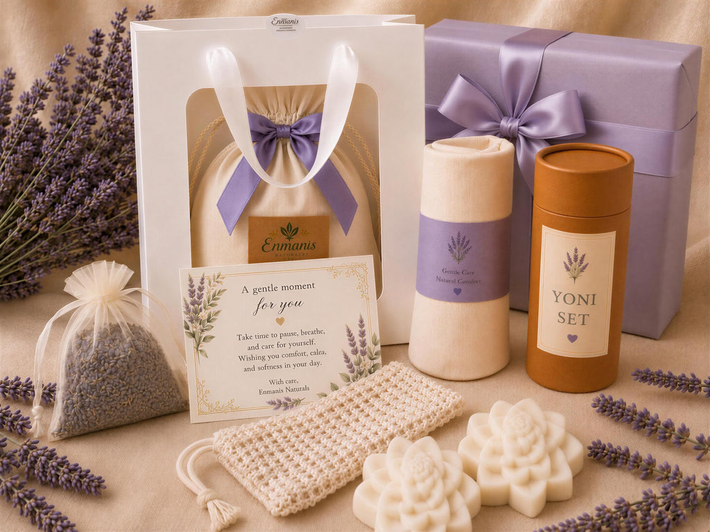 Yoni Care Gift Set, 3 Feminine Cleansing Bars, Muslin Cloth, Soap Saver, Lavender Sachet, Self Care Gift for Her