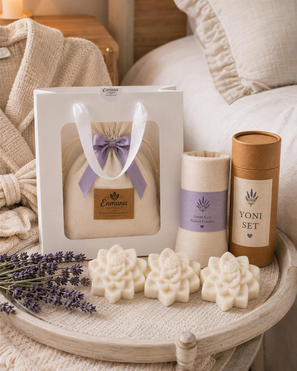 Yoni Care Gift Set, 3 Feminine Cleansing Bars, Muslin Cloth, Soap Saver, Lavender Sachet, Self Care Gift for Her