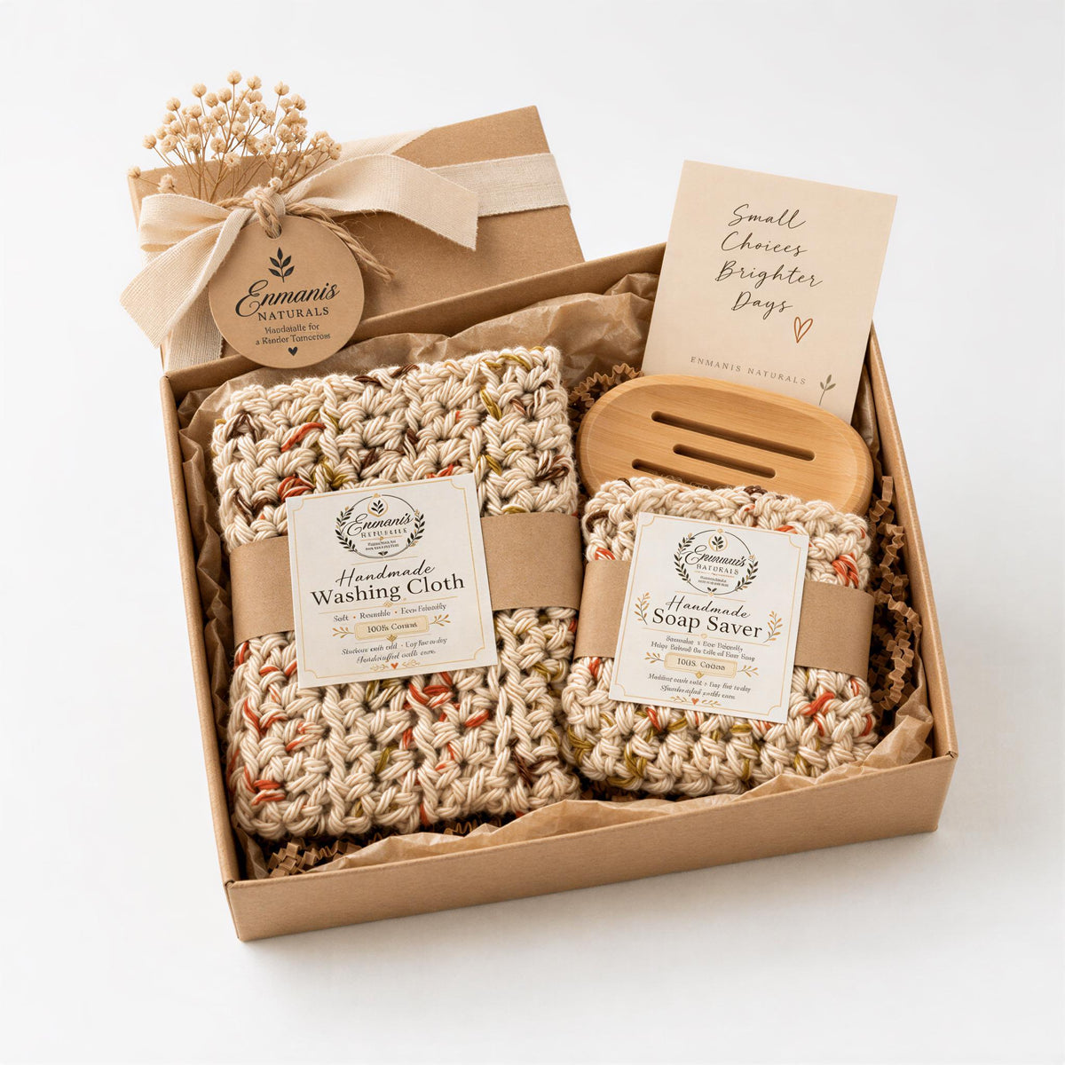 Spa Gift For Her, Personalized Cotton Washcloth - Soap Saver Pouch | Wooden Dish | Eco Friendly Box