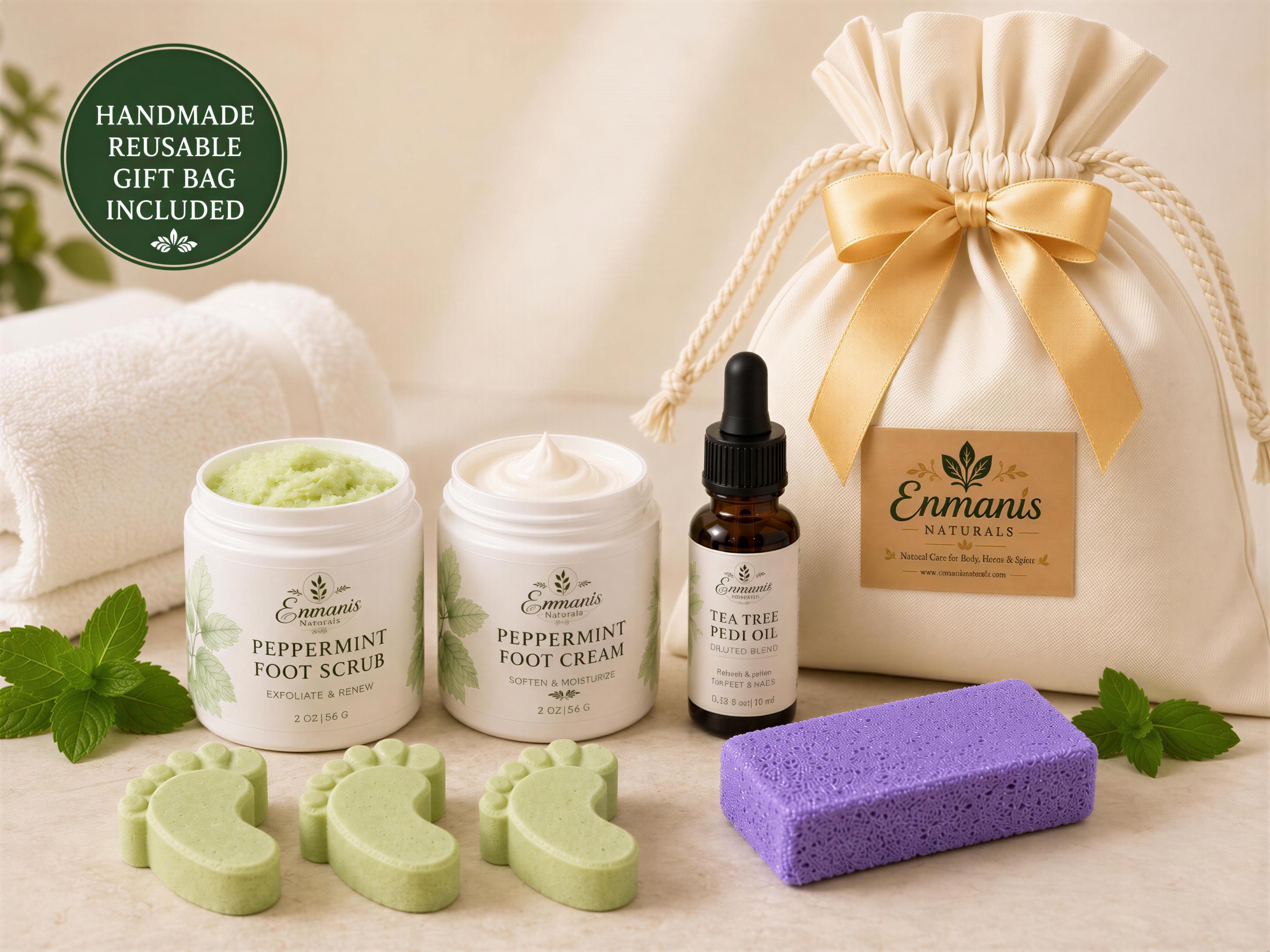 Eucalyptus Peppermint Foot Spa Kit – Organic Scrub, Cream, Oil, Pumice Stone (Gabardine Bag)