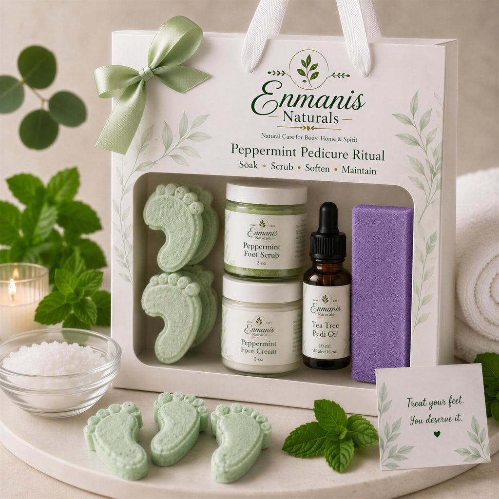 Eucalyptus Peppermint Foot Spa Kit – Organic Scrub, Cream, Oil, Pumice Stone (Gabardine Bag)