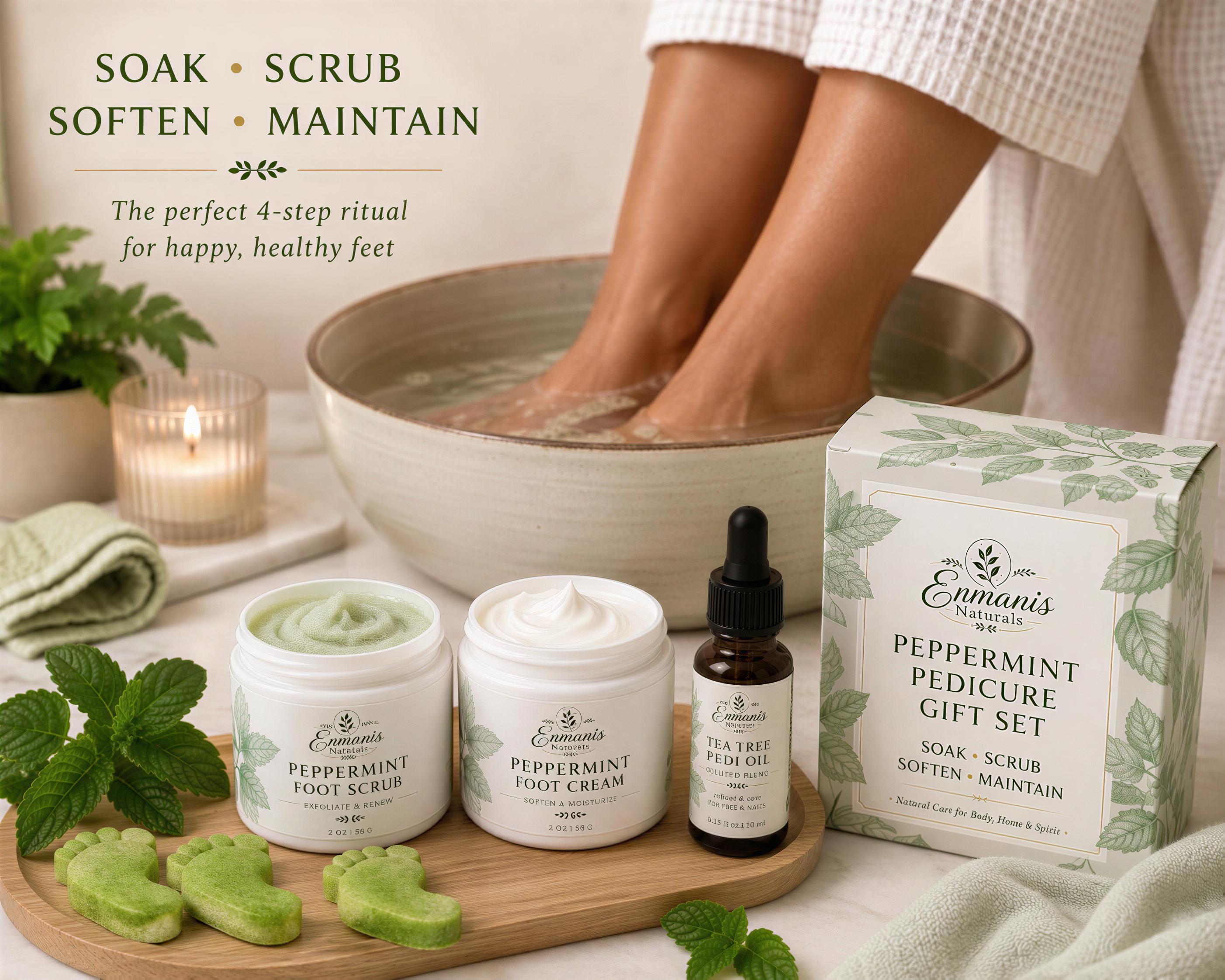 Eucalyptus Peppermint Foot Spa Kit – Organic Scrub, Cream, Oil, Pumice Stone (Gabardine Bag)