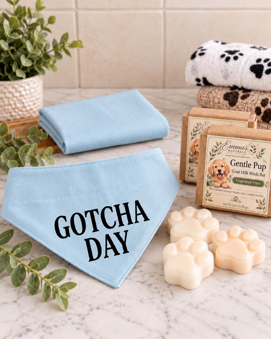 Gotcha Day Dog Gift Box, Personalized Puppy Bandana & Goat Milk Soap Set, Pet Adoption Gift, Sensitive Skin Dog Shampoo Bar Care Kit