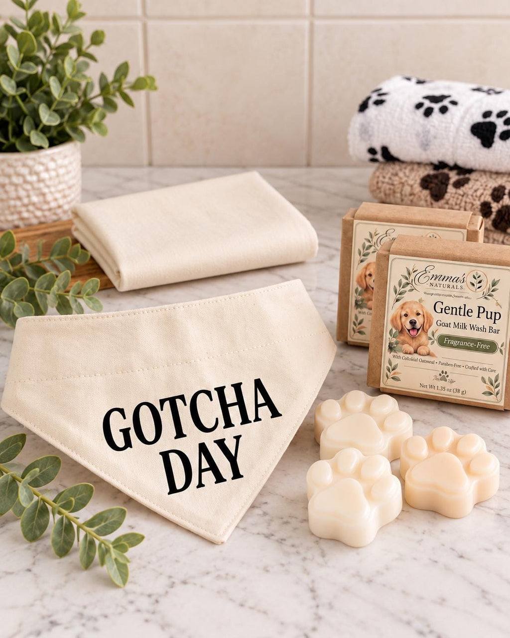 Gotcha Day Dog Gift Box, Personalized Puppy Bandana & Goat Milk Soap Set, Pet Adoption Gift, Sensitive Skin Dog Shampoo Bar Care Kit