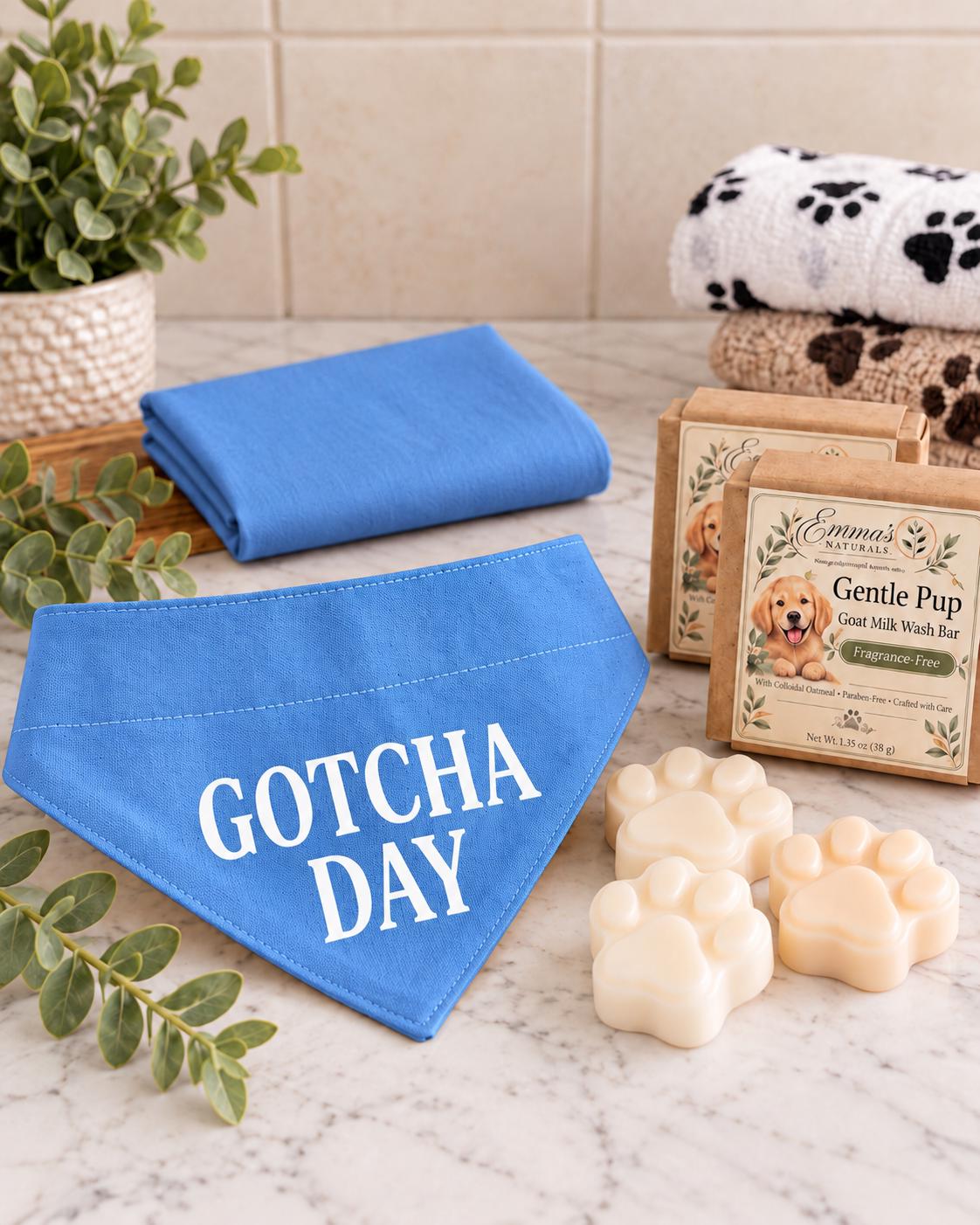 Gotcha Day Dog Gift Box, Personalized Puppy Bandana & Goat Milk Soap Set, Pet Adoption Gift, Sensitive Skin Dog Shampoo Bar Care Kit