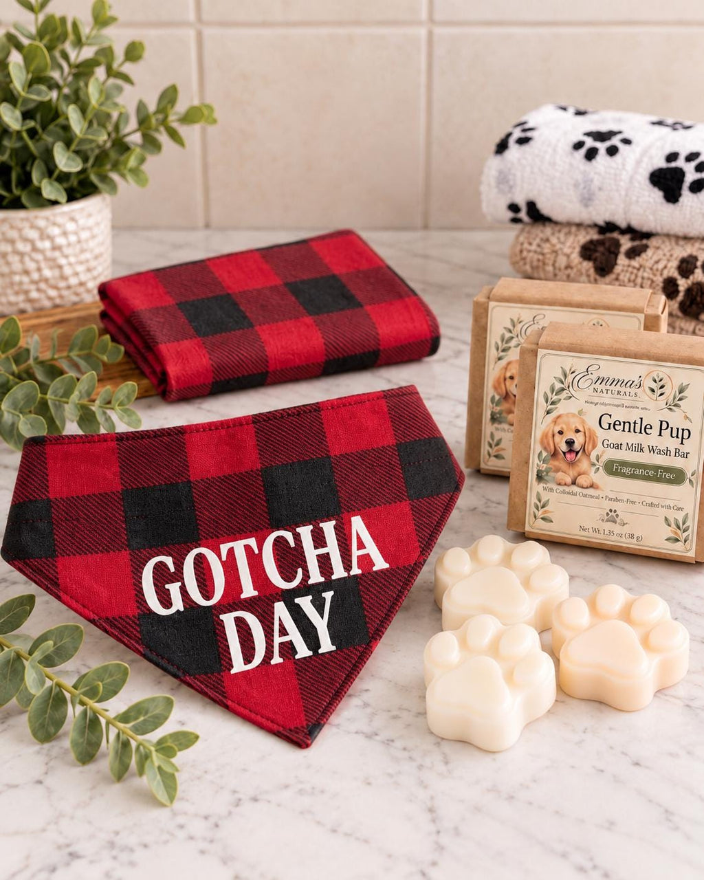 Gotcha Day Dog Gift Box, Personalized Puppy Bandana & Goat Milk Soap Set, Pet Adoption Gift, Sensitive Skin Dog Shampoo Bar Care Kit