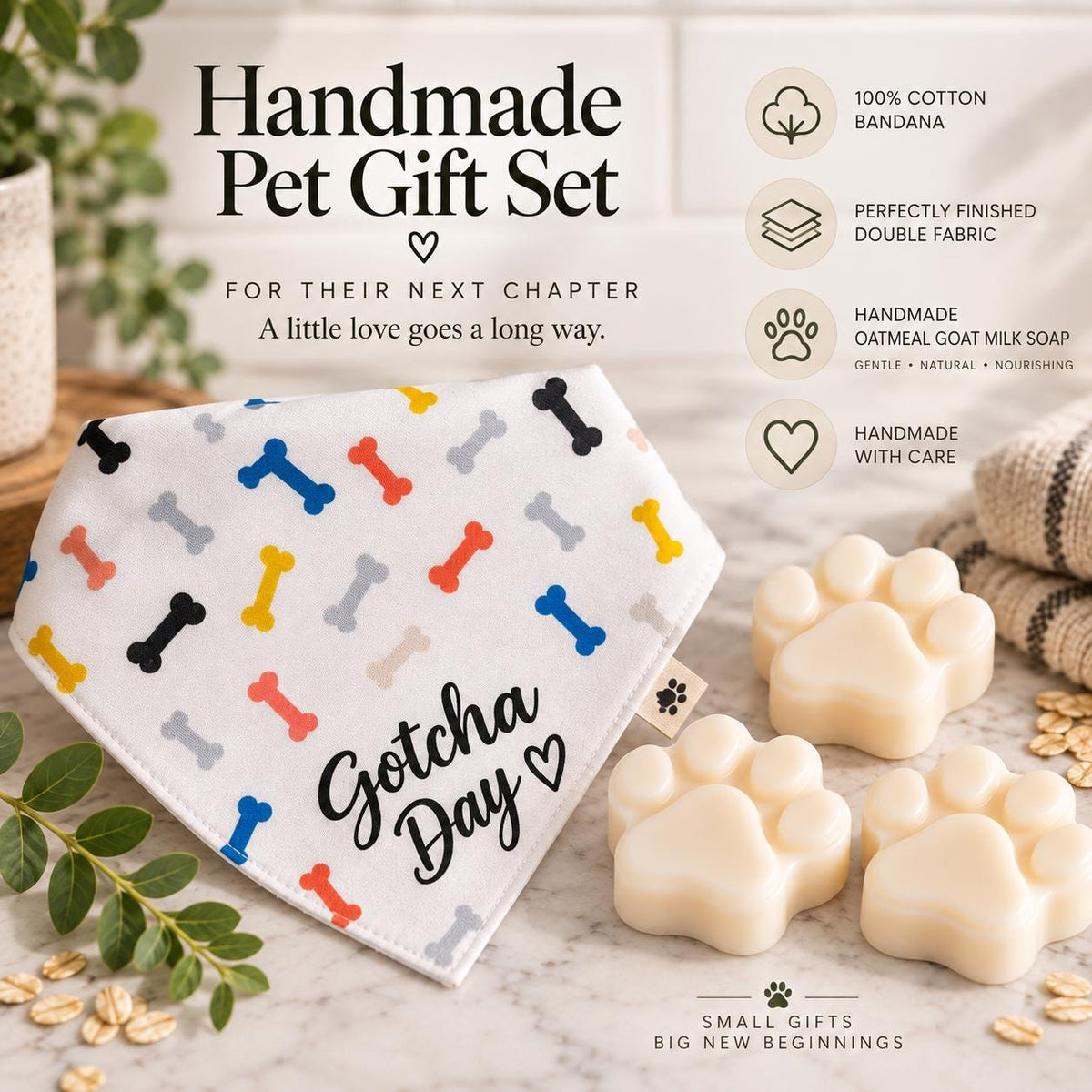 Gotcha Day Dog Gift Box, Personalized Puppy Bandana & Goat Milk Soap Set, Pet Adoption Gift, Sensitive Skin Dog Shampoo Bar Care Kit