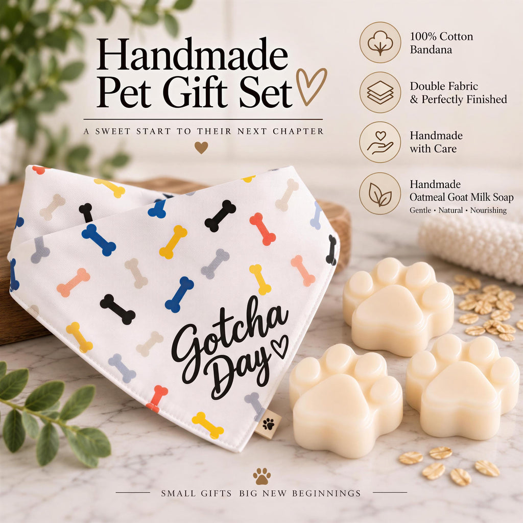 Gotcha Day Gift, Personalized Puppy Bandana | Goat Milk Soap Trio | Sensitive Skin, Small-XL Bundle