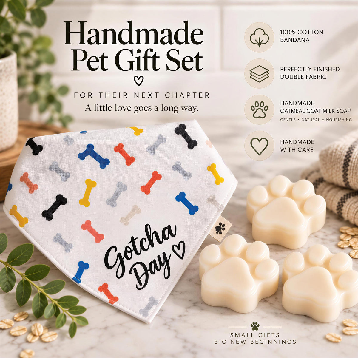 Gotcha Day Gift, Personalized Puppy Bandana | Goat Milk Soap Trio | Sensitive Skin, Small-XL Bundle