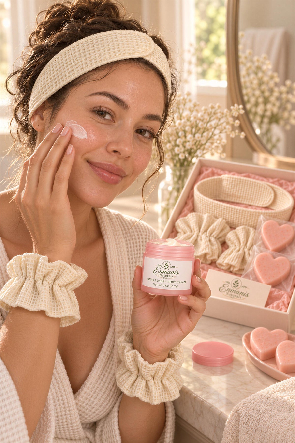 Emmaris Naturals Spa Gift Set | Rice Vanilla Soap, Cream, Cotton Headband (Gift Box)
