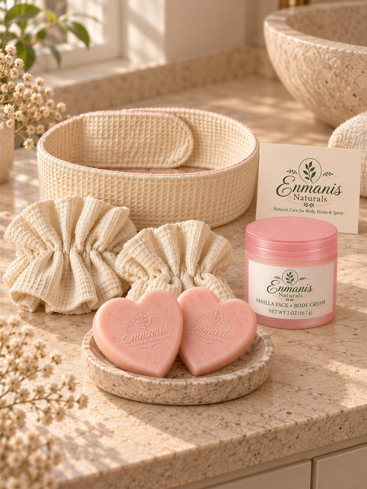Emmaris Naturals Spa Gift Set | Rice Vanilla Soap, Cream, Cotton Headband (Gift Box)