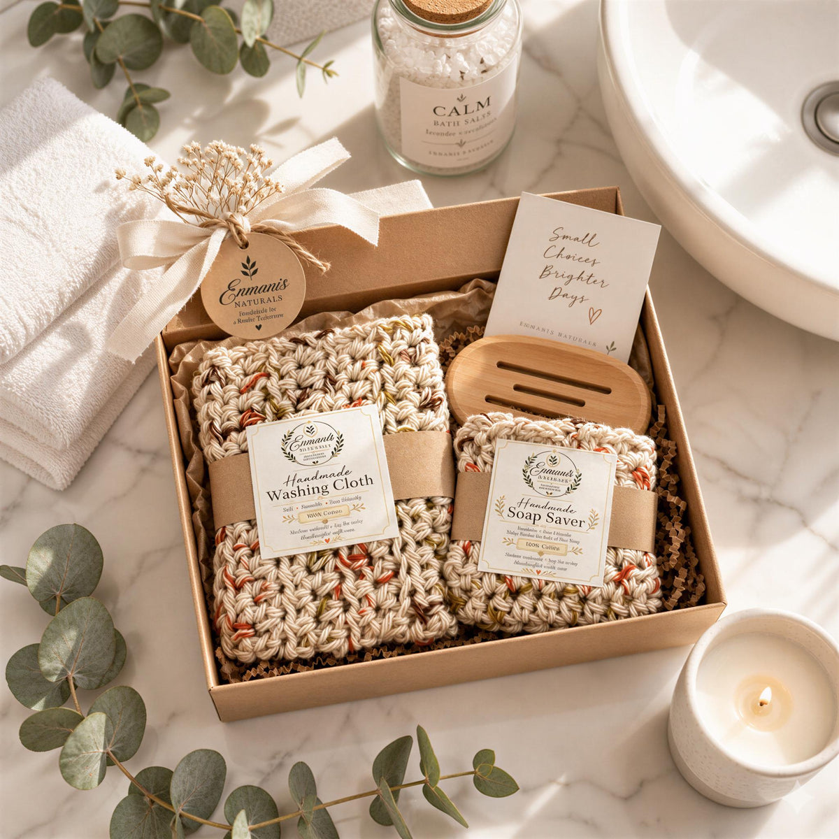 Spa Gift For Her, Personalized Cotton Washcloth - Soap Saver Pouch | Wooden Dish | Eco Friendly Box