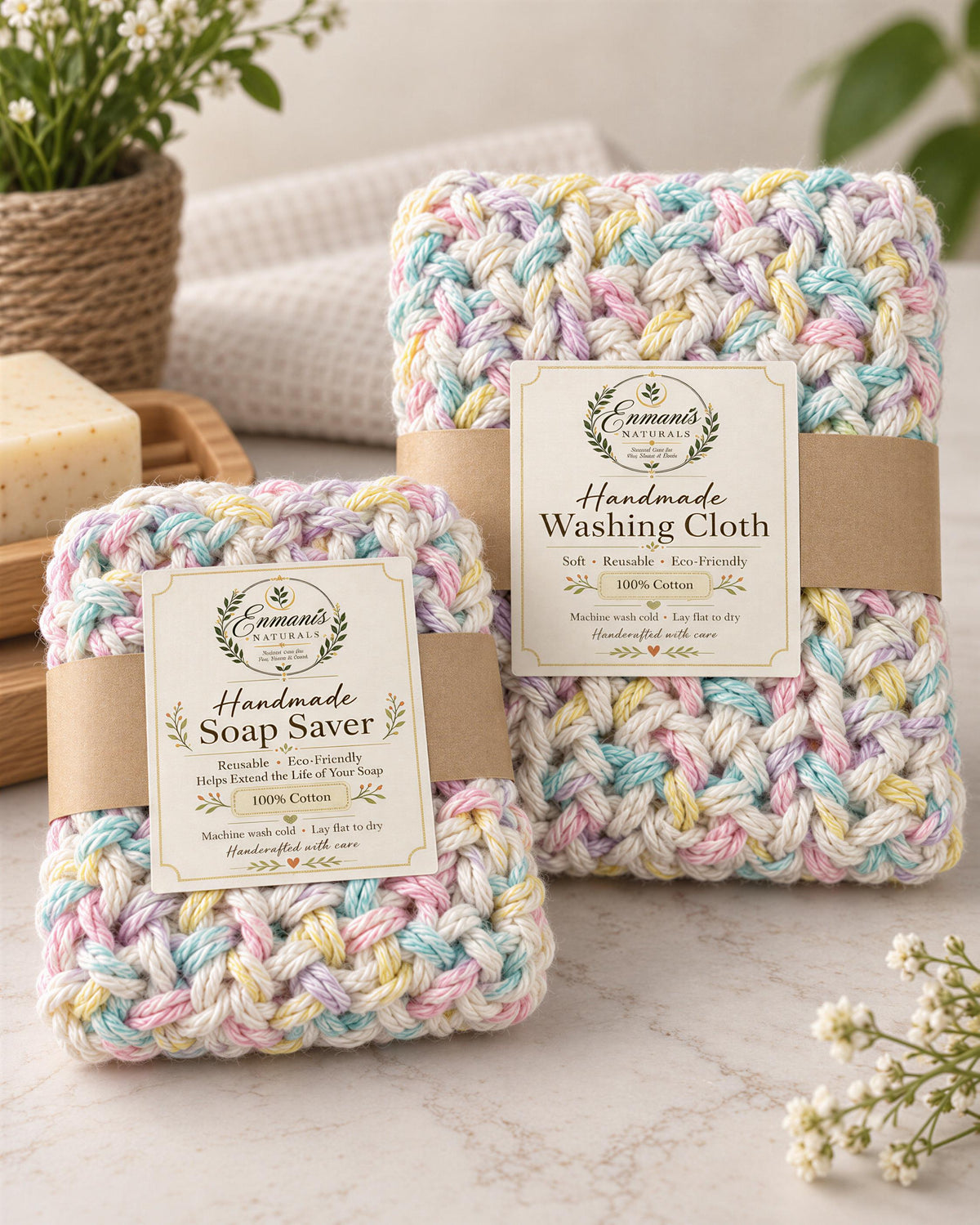 Spa Gift For Her, Personalized Cotton Washcloth - Soap Saver Pouch | Wooden Dish | Eco Friendly Box