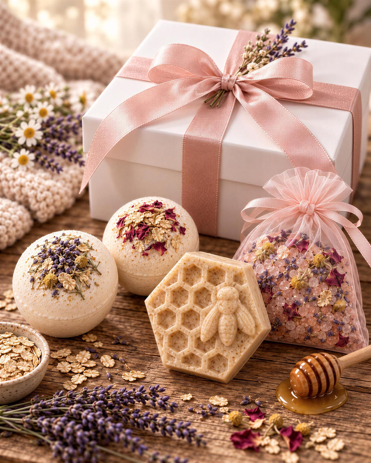 Golden Calm Bath Bomb Gift Set with Soap & Salt Sachet (4 Bath Bombs)