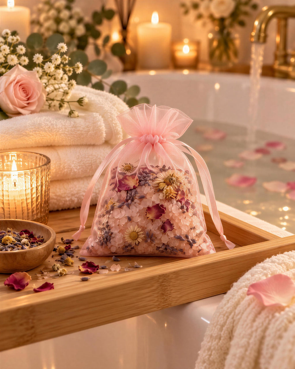 Golden Calm Bath Bomb Gift Set with Soap & Salt Sachet (4 Bath Bombs)