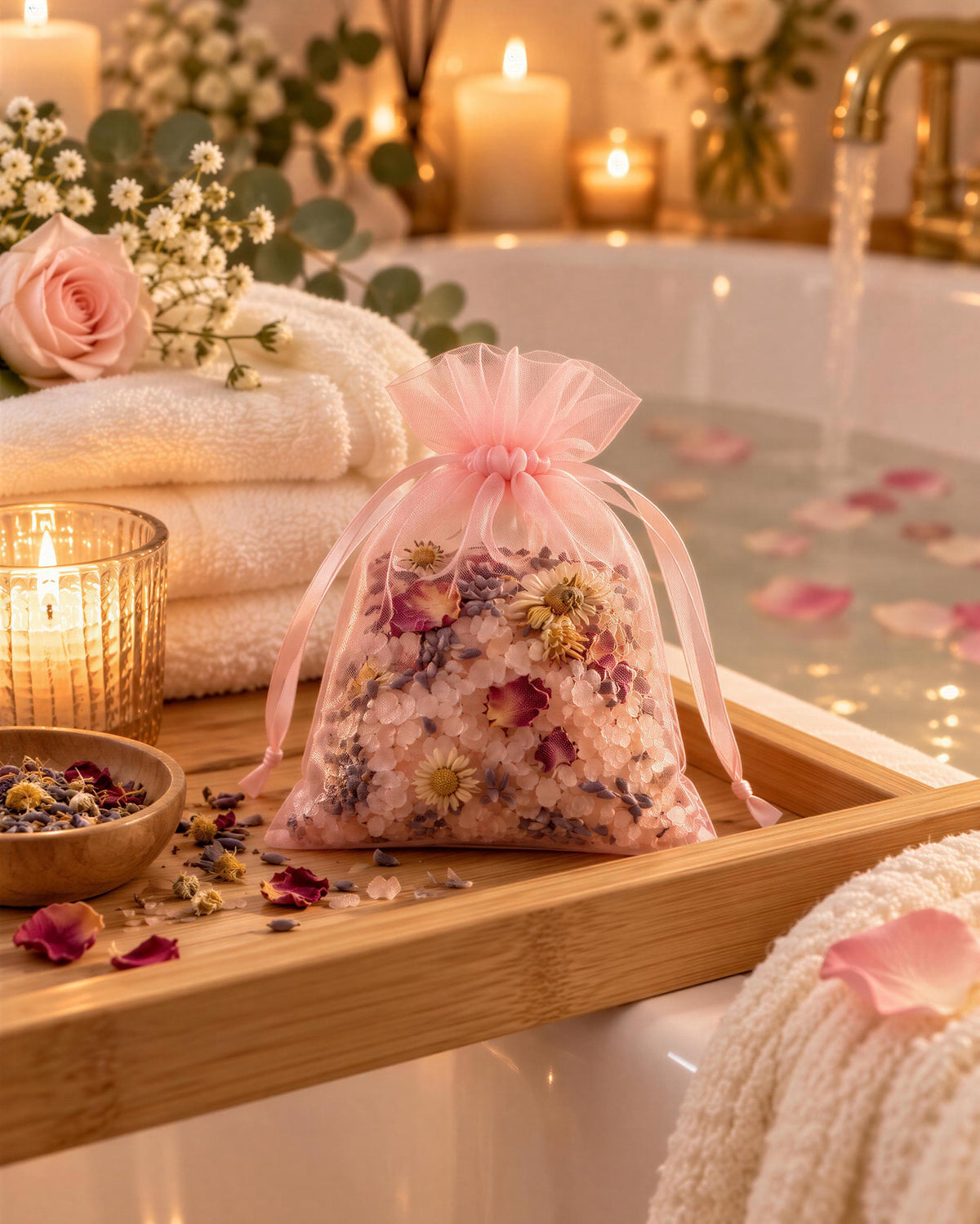 Golden Calm Bath Bomb Gift Set with Soap & Salt Sachet (4 Bath Bombs)