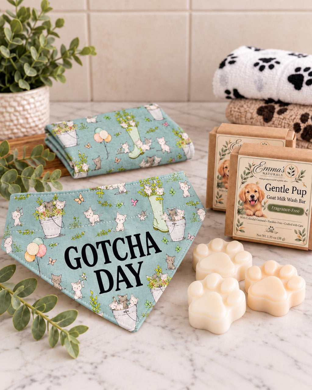 Gotcha Day Dog Gift Box, Personalized Puppy Bandana & Goat Milk Soap Set, Pet Adoption Gift, Sensitive Skin Dog Shampoo Bar Care Kit