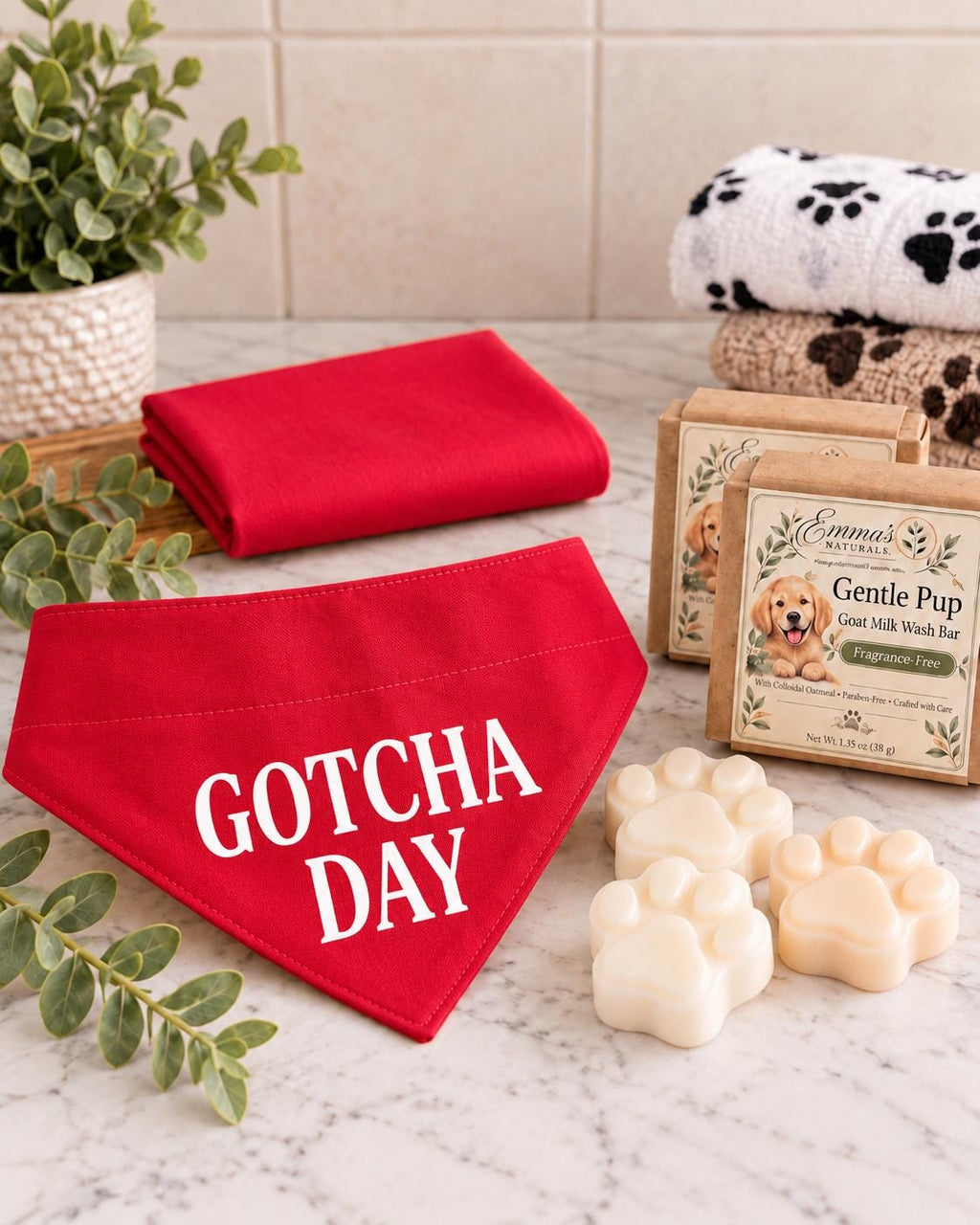 Gotcha Day Dog Gift Box, Personalized Puppy Bandana & Goat Milk Soap Set, Pet Adoption Gift, Sensitive Skin Dog Shampoo Bar Care Kit