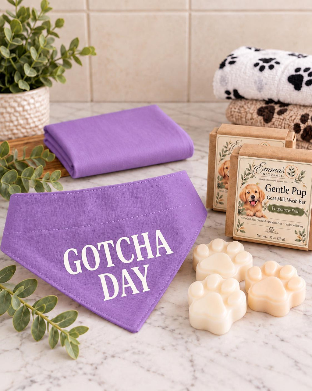 Gotcha Day Dog Gift Box, Personalized Puppy Bandana & Goat Milk Soap Set, Pet Adoption Gift, Sensitive Skin Dog Shampoo Bar Care Kit