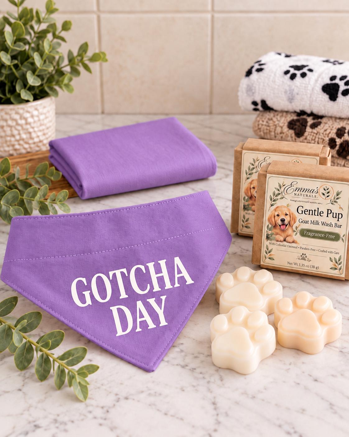 Gotcha Day Dog Gift Box, Personalized Puppy Bandana & Goat Milk Soap Set, Pet Adoption Gift, Sensitive Skin Dog Shampoo Bar Care Kit