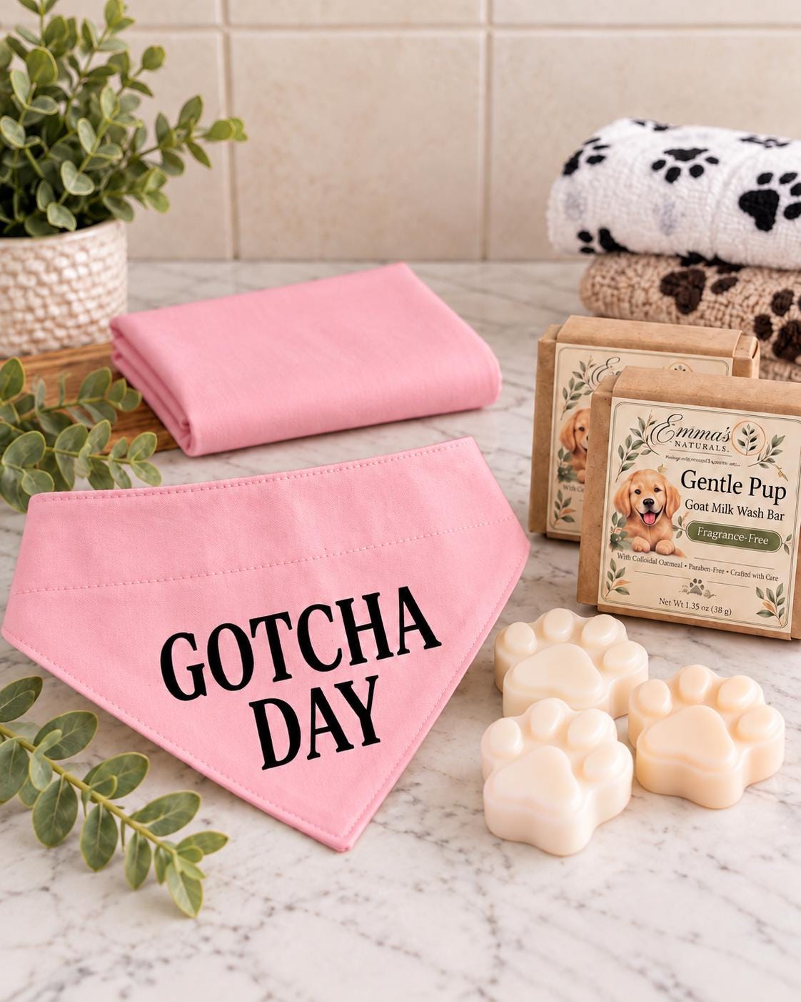 Gotcha Day Dog Gift Box, Personalized Puppy Bandana & Goat Milk Soap Set, Pet Adoption Gift, Sensitive Skin Dog Shampoo Bar Care Kit